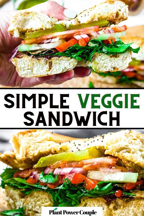 Two head on views of a bagel sandwich piled high with vegetables and text reading simple veggie sandwich Vegan Summer Lunch Ideas, Grilled Vegan Recipes, Vegan Bbq Ideas, Vegan Grilling Ideas, Summer Vegan Dinner, Vegan Summer Meals, Vegan Summer Dinner, Vegan Panini, Wandering Chickpea