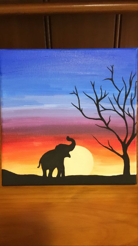 Elephant Sunset Painting, Watercolour Silhouette Painting, Elephant Silhouette Painting, African Sunset Painting, Sunset Silhouette Painting, Silhouette Acrylic Painting, Elephant Painting Canvas, Bird Coloring, Elephant Silhouette