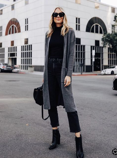 Dark grey cardigan outfit Charcoal Grey Cardigan Outfit, Charcoal Cardigan Outfit, Dark Grey Cardigan Outfit, Outfits With Grey Cardigan, Winter Cardigan Outfit, Nyc Fall Outfits, Long Cardigan Outfit, Charcoal Jacket, Wfh Outfits