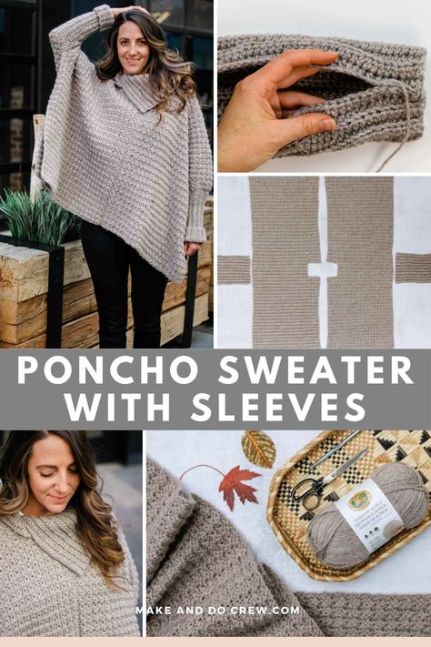 Poncho With Sleeves Pattern, Poncho Wrap Pattern, Crocheted Ponchos, Easy Crochet Poncho, First Crochet Project, Crochet Poncho With Sleeves, Sweater Free Pattern, Crochet Apparel, Poncho With Sleeves