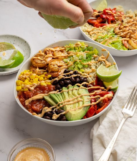 Inspiralized: Air Fryer Blackened Shrimp Fajita Bowls Shrimp On The Grill, Shrimp Bowl, Cook Shrimp, Blackened Shrimp, Fajita Bowls, Black Bean Chili, Protein Packed Meals, Romaine Lettuce Salad, Shrimp Seasoning