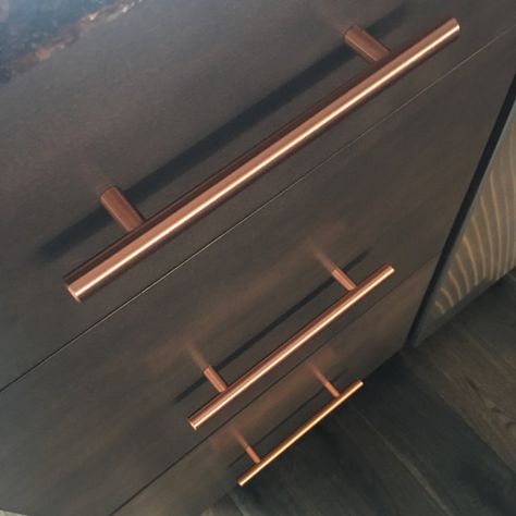 Black Cabinets Copper Hardware, Modern Copper Kitchen, Copper Handles Kitchen, Copper Cabinet Pulls, Brass Kitchen Handles, Copper T, Guest Bathroom Remodel, Copper And Marble, Round Cabinet