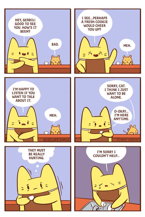 Cat's Cafe by Matt Tarpley for April 13, 2020 - GoComics 4 Panel Life, Cartoon Strip, Online Comics, Cat Cafe, Wholesome Memes, Fun Comics, Cute Comics, What’s Going On, Comic Strip