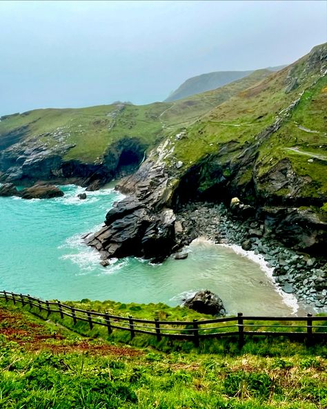 Tintagel castle, Cornwall- this was my absolute favorite part of the trip exploring the castle ruins where the weather was so misty it really added to the experience. Everything was so incredibly green and beautiful. After exploring the ruins treaded the numerous steps down to see Merlin’s Cove and a waterfall! #cornwallcoast #cornwall #tintagelcastle #tintagel #tintagelcornwall #merlinscove #waterfall #cove Tintagel Cornwall, Tintagel Castle, Cornwall Coast, Stone Photography, Castle Ruins, The Ruins, The Castle, The Trip, Pretty Places