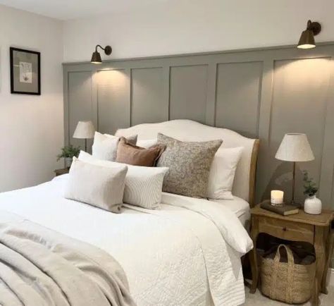 25 Stylish Ideas To Decorate Above Your Bed With Style Grey And Sage Green Bedroom, Green Panelling Bedroom, Bedroom 2023, Sage Green Bedroom, Bedroom Updates, Wall Colour, Have A Lovely Weekend, Bedroom Panel, Tea Leaf