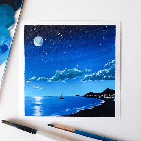 Night Sky Drawing, Moonlit Beach, Drawing Sky, Hope You're Doing Well, Canvas Art For Sale, Night Sky Art, Beach Paintings, Sky Art Painting, Night Sky Painting