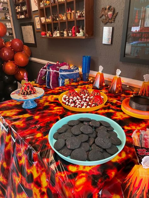 Hot Lava Birthday Party, Floor Is Lava Birthday Party Food, The Floor Is Lava Birthday Cake, Volcano Party Food, Four Is Lava Party, Lava Party Ideas, Floor Is Lava Cake, Volcano Party Ideas, The Floor Is Lava Birthday Party