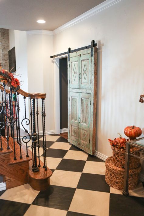 View from entry of antique vintage Indian sliding barn door into master suite Salvaged Doors, Sliding Tracks, Greek House, Vintage Doors, Indoor Doors, Antique Doors, Antique Door, Old Door, Old Doors