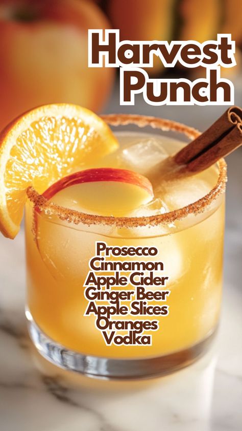 Harvest Punch Apple Cider Prosecco, Apple Cider Drinks Alcohol, Fall Mixed Drinks, Harvest Punch, Fall Punch Recipes, Prosecco Drinks, Ginger Beer Cocktail, Bartender Drinks Recipes, Alcoholic Punch Recipes