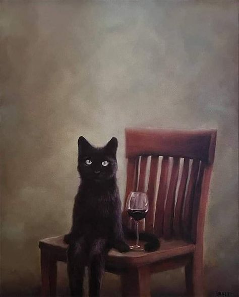 Credit: Richard Ahnert Surealism Art, Ugly Cat, Black Cat Art, A Black Cat, Cat Artwork, Charles Darwin, Romantic Art, Glass Of Wine, Cat Painting