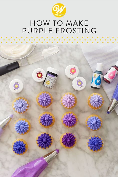 How To Make Purple With Gel Food Coloring, Buttercream Frosting Colors, How To Make Purple Icing, Pink And Purple Cakes Birthday, Purple Buttercream Frosting, Coloring Buttercream Frosting, Buttercream Frosting Wilton, Navy Blue Buttercream, Purple Buttercream Cake