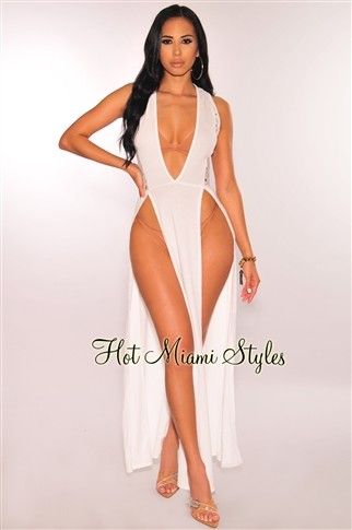 Plunge Maxi Dress, Studded Dress, Hot Miami Styles, Black Halter Dress, Beach Maxi Dress, Long Sleeve Knit Dress, Miami Fashion, Hottest Fashion Trends, White Crochet