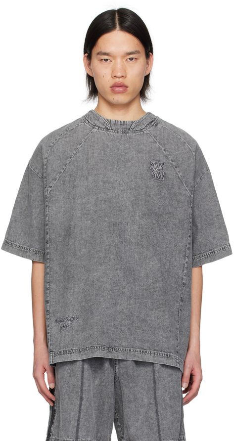 Cotton chambray T-shirt. Fading throughout. · Paneled construction · Partially elasticized mock neck · Logo appliqué at chest · Logo embroidered at front · Dropped shoulders · Logo hardware at back Supplier color: Grey Burberry T Shirt, Distressed Shirt, Applique Shirts, Fashion Attire, Streetwear Tshirt, Clothing Essentials, Sleeveless Shirt, Mens Streetwear, Logo Embroidered