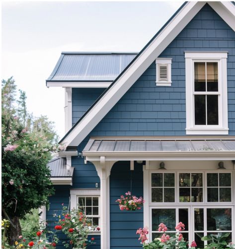 Navy House White Trim, Backyard Overhang, Autumnal House, Blue Home Exterior, Blue Craftsman, Blue House Exterior, Wholesome Life, Wood Cabin, Exterior Houses