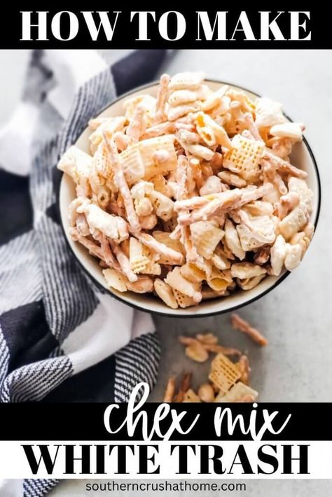 Crockpot Trash Recipe, White Trash Recipe Christmas, White Trash Snack Mix Recipe, Chocolate Trash Recipe, White Trash Food Ideas, White Trash Party Food, White Trash Snack Mix, Chocolate Chex Mix Recipes, White Chocolate Snack Mix