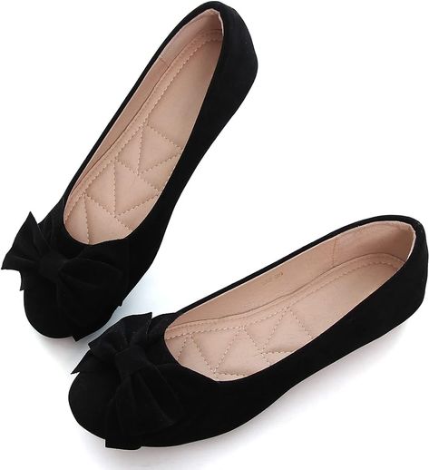 Amazon.com | VFDB Women Classy Cute Bow-Knot Ballet Flats Round Toe Daily Cozy Comfort Slip on Flat Shoes Black US 9 | Flats Working Shoes, Girls Dress Shoes, Black Flats Shoes, Suede Ballet Flats, Bow Flats, Suede Flats, Womens Ballet Flats, Walker Boots, Cute Bows