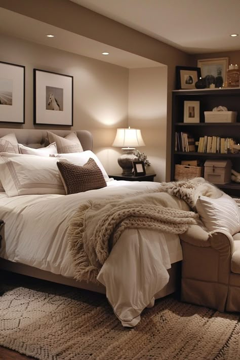 29 Basement Bedroom Inspirations for a Dreamy Hideaway - My Elegant Home Relaxing Cozy Bedroom, Cozy Bedroom Color Palette Ideas, Small Cozy Room Aesthetic, Cozy Adult Bedroom, Basement Master Suite, Basement Guest Bedroom, Relaxing Bedroom Colors, Warm Bedroom Aesthetic, Bedroom Schemes