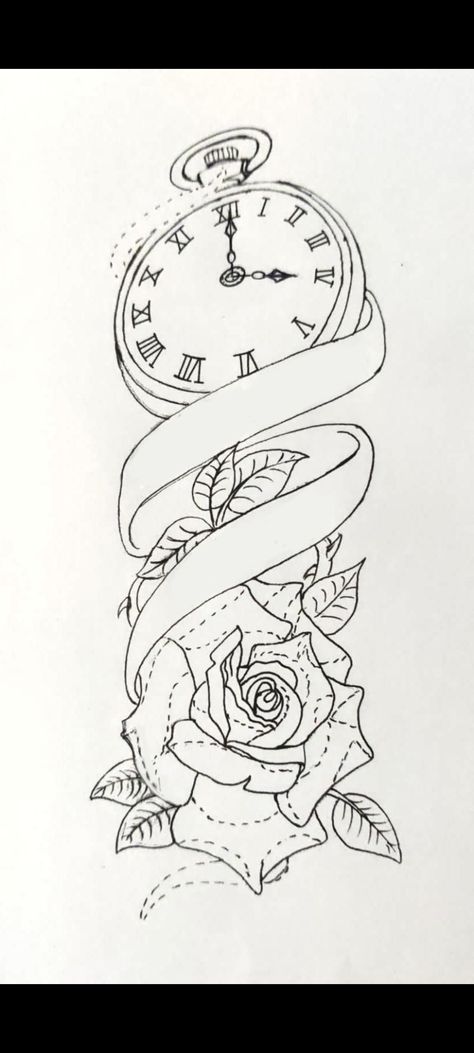 Rose Pocket Watch Tattoo, Memorial Tattoo Simple, Watch With Roses Tattoo, Rose And Clock Tattoo Design, Pocket Watch Outline, Pocket Watch Tattoo Stencil, Watch Banner, Jam Tattoo, Pocket Watch Drawing