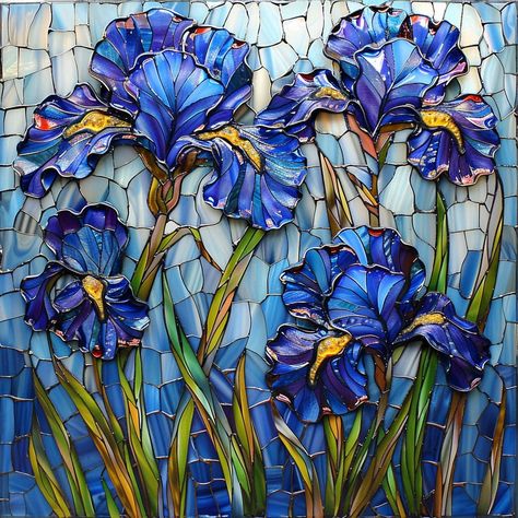 5037_WA_TILE Iris Flowers Decorative Ceramic Tile Art Piece Handcrafted Glossy Ceramic Art Tile - Perfect Home Decor & Gift Discover the beauty and craftsmanship of our glossy ceramic art tiles, created with love in our family studio nestled in the foothills of the Great Smoky Mountains in East Tennessee. These artful pieces are designed to bring elegance and charm to any space. Available in Two Convenient Sizes: 6 1/8" x 6 1/8" 8" x 8" Versatile Decor Options: Our ceramic art tiles are perfect Ceramics Tiles Art, Stained Glass Flowers Patterns, Mosaic Artwork Ideas, Stained Glass Aesthetic, Flowers Stained Glass, Stain Glass Window Art, Ceramic Tile Art, Iris Art, Art Tiles