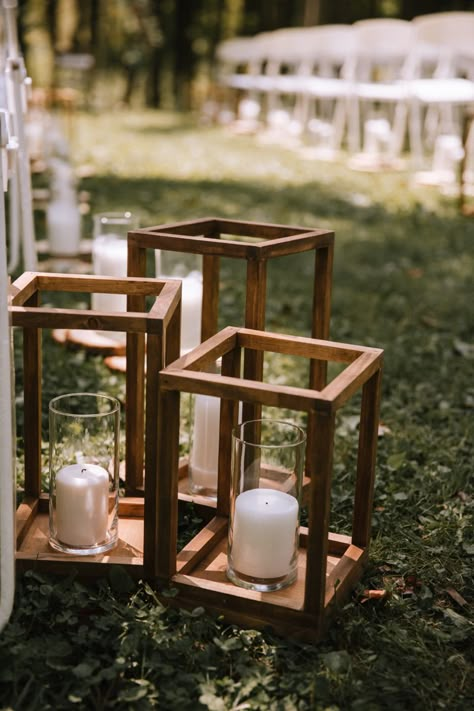 Wooden Wedding Lanterns, Wooden Lanterns Wedding Aisle, Wood Lantern Wedding, Wedding Aisle Candles, Farmhouse Birthday, Outside Wedding Ceremonies, Aisle Candles, Lantern Centerpiece Wedding, Wooden Lantern