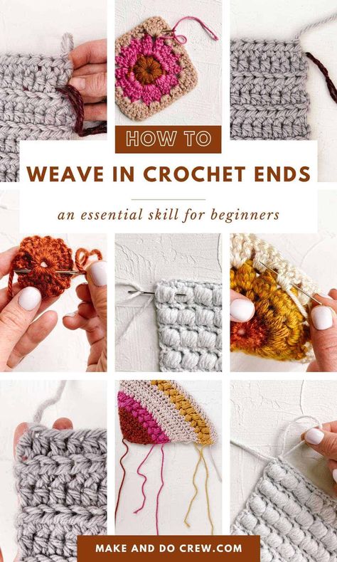 Learn how to weave in ends in crochet with this detailed guide from Make and Do Crew. We include a step by step photo tutorial so that even beginners can learn how to weave in crochet ends. Whether you're joining yarn and need to hide the yarn tails or wondering how to tie off crochet ends in colorful projects like granny squares, you'll find it in this guide. Grab your tapestry needle and visit the blog to learn this essential crochet technique. How To Tie Off Yarn In Crochet, How To Weave In Ends Crochet Granny Squares, Tie Off Crochet Ends, Weaving In Ends Crochet, Crochet Joining Techniques, Joining Yarn, Easy Beginner Crochet Patterns, Make And Do Crew, Tunisian Crochet Stitches