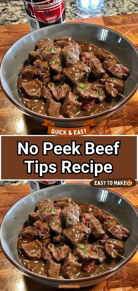 No Peek Beef Tips is one of the best beef tips recipes EVER! I am usually fond of making my beef tips in the slow cooker (you can check out that recipe below). But when I stumbled upon this 5 ingredients recipe and there’s no need to brown the beef tips first, I had to try it! Beef Tips And Gravy Oven, No Peek Beef Tips Oven, Beef Tips Slow Cooker, No Peek Beef, No Peek Beef Tips, No Peek, Beef Tip Recipes, Beef Tips And Gravy, Easy Beef Stew