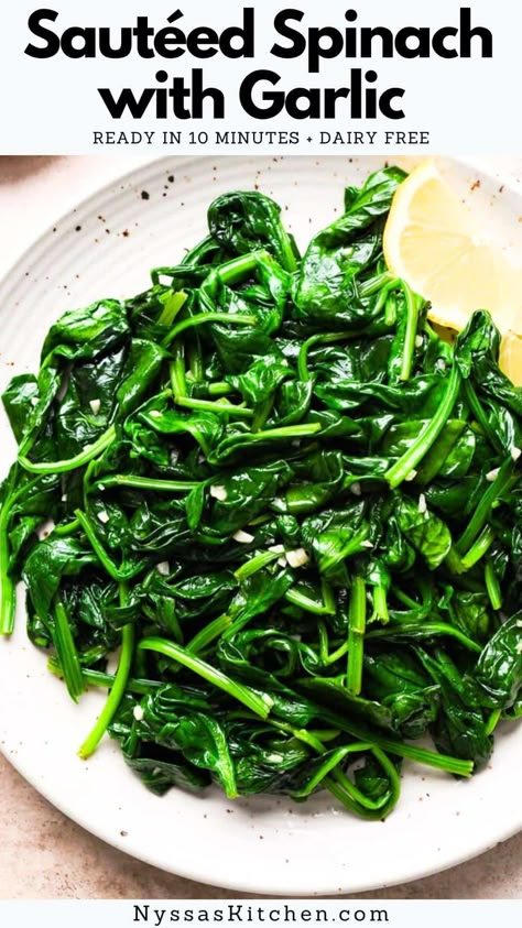 This 5 ingredient sautéed spinach with garlic recipe is a super easy side dish that is made in a skillet in just 10 minutes! It pairs beautifully with many different types of meals, from pan seared chicken to oven roasted fish. A simple back pocket veggie recipe that's perfect for any night of the week! Spinach Side Dish Recipes, Cooked Spinach Recipes, Spinach Recipes Side, Sauteed Spinach Garlic, Spinach Side, Lemon Spinach, Spinach Side Dish, Spinach Recipes Healthy, Easy Vegetable Side Dishes