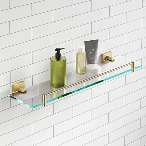 Shelf With Rail, Brass Brackets, Glass Bathroom Shelves, Gold Shelves, Wall Mount Sinks, Touchless Faucet, Console Sink, Gold Shower, Shelf Bathroom