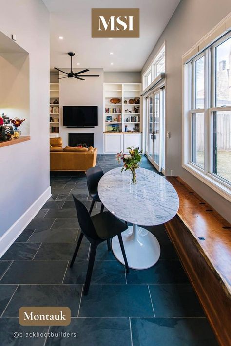 Black Tiles Floor Living Room, Black Tile Bathroom Floor, Slate Floor Kitchen, Black Slate Floor, Grey Slate Tile, Black Slate Tiles, Slate Floors, Interior Flooring, Slate Kitchen