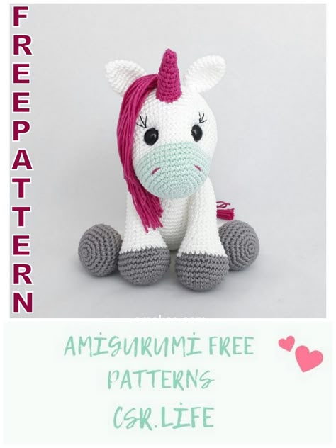 Amigurumi Cute Unicorn Free Crochet Pattern – Csr.life Crochet Unicorn Pattern Free, Crochet Unicorn Pattern, Free Amigurumi Crochet Patterns, Crochet Unicorn, Crochet Amigurumi Free Patterns, Unicorn Pattern, Stitch Crochet, Dinosaur Pattern, Dragon Pattern