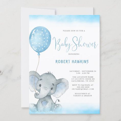 Watercolor Blue Elephant Boy Baby Shower Invitation Elephant Baby Shower Invitations Boy, Baby Shower Ballons, Elephant Watercolor, Elephant Baby Shower Boy, Safari Baby Shower Invitations, Elephant Baby Shower Theme, Elephant Baby Shower Invitations, Watercolor Baby Shower, Elephant Theme