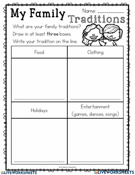 Family Traditions Lesson, Grade 2 Social Studies, Preschool Social Studies, Diversity Activities, Social Studies Lesson Plans, Family Worksheet, Holiday Traditions Family, Kindergarten Social Studies, Social Studies Worksheets