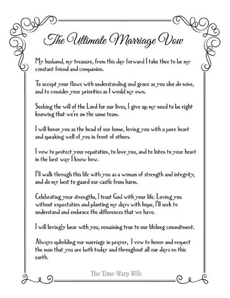 Free Printable - The Ultimate Marriage Vow | Time-Warp Wife Vow Renewal Vows, Promise Vows, Vows To Wife, Christian Vows, Marriage Quotes Images, Christian Wedding Vows, Real Wedding Vows, Vows Examples, Wedding Vows That Make You Cry