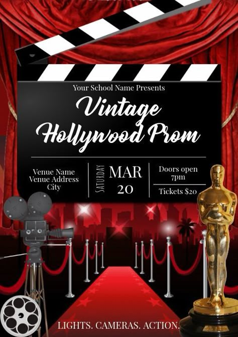 Hollywood Party Invitations Template, Vintage Hollywood Prom, Hollywood Invitations, Red Carpet Invitations, Red Carpet Theme Party, Hollywood Prom, Prom Posters, Hollywood Poster, Poster Template Free