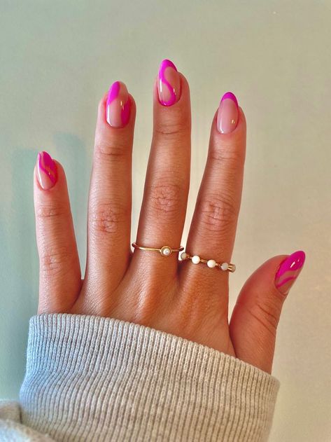 Hot Pink Minimalist Nails, Hot Pink Acrylic Almond Nails, Hot Pink Oval Nails Designs, Pink Prom Nails Almond, Simple Barbie Nails, Pink Barbie Nails Short, Pink Prom Nails Short, Magenta Prom Nails, Magenta Gel Nails