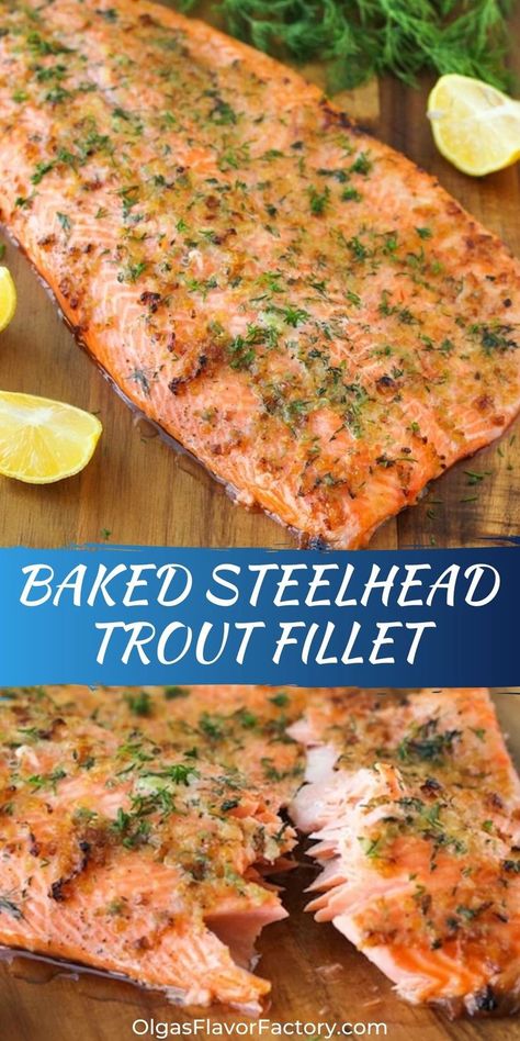 Baking a whole steelhead trout fillet is so simple but looks very impressive. Topped with shallots, garlic, lemon and fresh herbs – it’s so juicy and flavorful. You are guaranteed a delicious meal. Salmon can be used instead of steelhead trout, with excellent results. Steel Head Trout Recipes, Baked Steelhead Trout, Steelhead Recipes, Steelhead Trout Recipe Baked, Steelhead Trout Recipe, Trout Fillet Recipes, Trout Recipe, Steelhead Trout, Trout Recipes