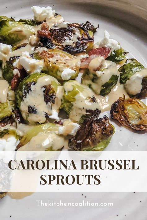 A perfect side dish recipe for any dinner. Pan roasted brussel sprouts with bacon and goat cheese topped with a delicious sauce. Brussel Sprout Recipes With Bacon And Blue Cheese, Brussel Sprout Recipes With Bacon And Goat Cheese, Brussels Sprouts Goat Cheese, Brussel Sprout Recipes With Goat Cheese, Goat Cheese Brussel Sprouts, Brussel Sprouts With Goat Cheese, Pan Roasted Brussel Sprouts, Roasted Brussel Sprouts With Bacon, Creamy Brussel Sprouts