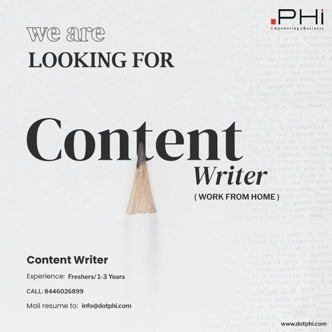 Dotphi Solutions is looking for an Experience content writer having experience with at least 1-3 years in SEO Blog/Article writing and Web content. (WORK FROM HOME) Please share your resume with info@dotphi.com or call at 8446026899 #dotphi #seo #contentwriting #hiringcontentwriter #contentwriter #content #contentmarketing #blogging #writing #articlewriting #blogeer #workfromhome #jobvacancy #SEOcontentwriter #jobopportunity Seo Blog, Content Writer, Job Vacancy, Seo Content, Article Writing, Blog Article, Content Writing, Job Opportunities, Work From Home