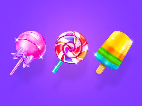 Candy popsicle sweets by 蜡笔小舅 on Dribbble Candy Popsicles, Candy Props, Space Candy, Candy Icon, Candy Images, Seashell Tattoos, Candy Games, Magic Bottles, Candy Cart