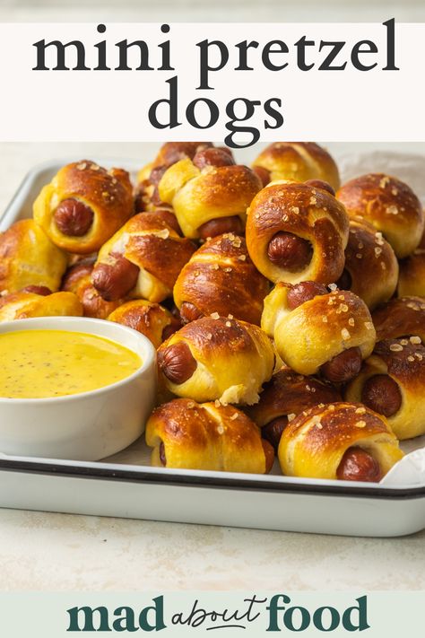 Make Mini Pretzel Dogs at home for a fun snack or appetizer! Wrap mini hot dogs in a homemade pretzel bun and dip them in your favorite sauce. Mini Pretzel Dogs, Pretzel Dogs Recipe, Homemade Pretzel, Pretzel Dogs, Dogs At Home, Mini Hot Dogs, Homemade Honey Mustard, Pretzel Bun, Homemade Pretzels