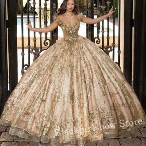 Champagne Chapel Train Princess Quinceanera Dresses Elegant  Applique Crystal Beaded Long Sweet 16 Quinceanera Gold Dresses, Sweet 15 Dresses Quinceanera, Quinceanera Dresses Elegant, Gold Sweet 16 Dresses, Long Sweet 16 Dresses, Princess Quinceanera Dresses, Xv Dresses, Quinceanera Dresses Gold, Rose Gold Princess