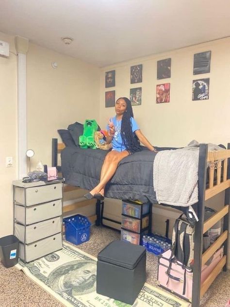 Kristy Brown Dorm Room Inspiration College Cozy, Ncat Dorm Room, Blue And Black Dorm Room Ideas, College Dorm Room Ideas Hbcu, Unc Chapel Hill Dorm Room, Dorm Double Room Ideas, Dorm Room Hbcu, Hypebeast Dorm Room, Gold Dorm Room Ideas