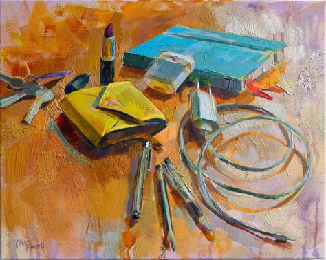 Still life painting with a wallet, lipstick, keys, notebook, pens, air-pods and a charger Still Life Artists, Social Media Art, Art Assignments, Object Drawing, A Level Art, Painting Still Life, Still Life Art, Egyptian Art, Art Themes