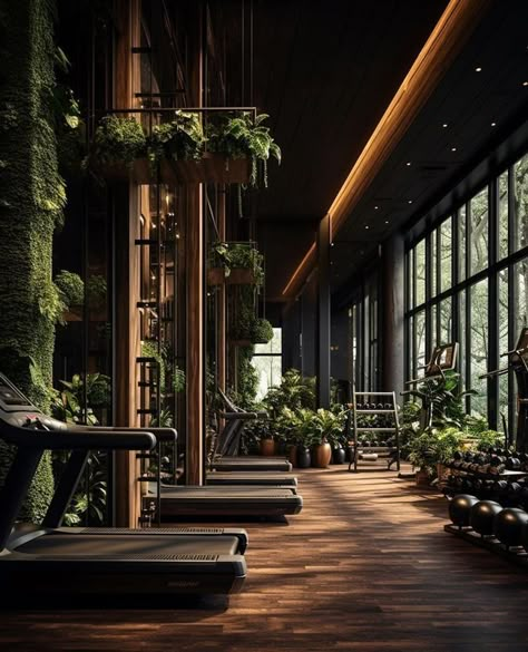 Moody Home Gym, Nature Mansion, Overgrown Plants, Modern Home Gym, Plant Greenhouse, Dream Home Gym, Luxury Gym, Natural Wood Accents, Indoor Farming