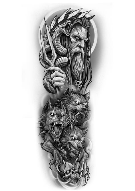 Hades And Cerberus, Greek God Tattoo, Norse Mythology Tattoo, Scandinavian Tattoo, Poseidon Tattoo, Zeus Tattoo, Egyptian Tattoo Sleeve, Monster Tattoo, Full Sleeve Tattoo Design