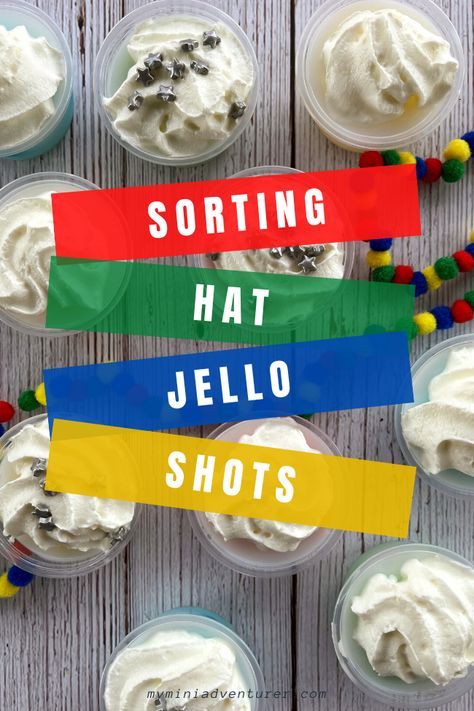 Sorting Hat Jello Shots - My Mini Adventurer Harry Potter Jello Shots, Jello Shot Cups, Halloween Eats, Halloween Jello Shots, Portion Containers, Blue Jello, Jello Shot Recipes, Candy Molds Silicone, Harry Potter Theme Party