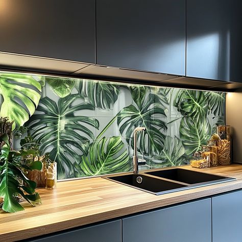 Elevate your kitchen with our Monstera-inspired backsplash. Featuring vibrant green hues and intricate leaf patterns, this design brings a refreshing, tropical touch to your space, combining modern aesthetics with natural beauty. Conceptual AI Art Follow @ecosapiens for more! Modern Tropical Kitchen, Tropical Kitchen Design, Rainforest Theme, Tropical Kitchen, Jungle House, Leaf Patterns, Kitchen Interiors, Modern Tropical, Green Interiors