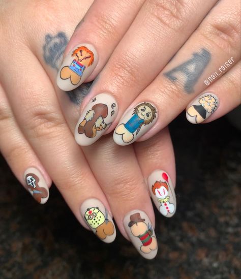 Goofy Nails Design, Funny Acrylic Nails, Spaceship Nails, Characters On Nails, Cringe Nails, Cartoon Nail Designs, Character Nails, Football Nails, Nails Fun