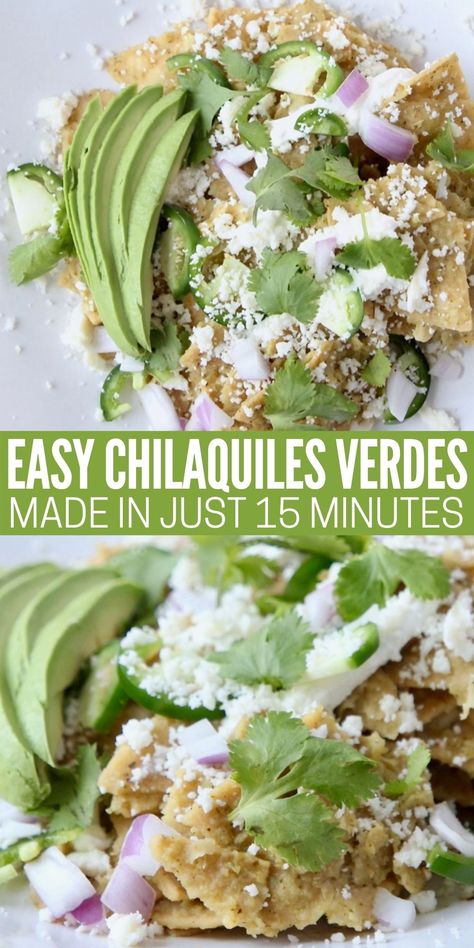 Chilaquiles Verdes is a traditional Mexican dish, made with crispy fried corn tortillas and salsa verde. In this easy homemade recipe, we're using thick crispy tortilla chips and green enchilada sauce to make chilaquiles in just 15 minutes! It's delicious for breakfast with an egg on top, or for dinner with shredded chicken or pork! Chilequilles Verdes Recipe, Chiliquilles Recipe Easy, Green Chilaquiles Recipe, Chilaquiles Verdes Recipe, Easy Chilaquiles Recipe, Breakfast Chilaquiles, Chicken Chilaquiles, Migas Recipe, Chilaquiles Recipe