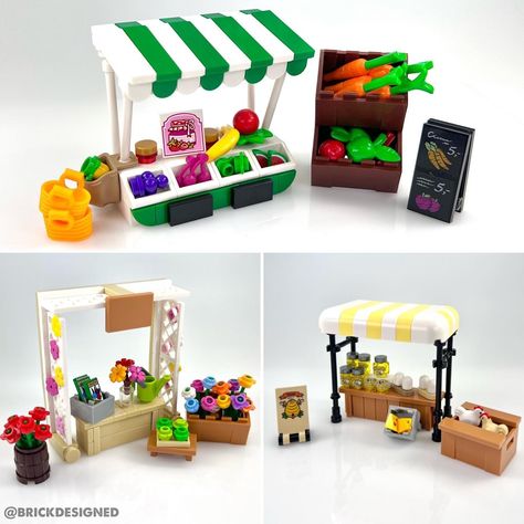 Winter winds give way to flourish flowers. These quaint models by LEGO builder Jesse (Brickdesigned) have us looking forward to the first Farmers Markets of the year, whenever that may be for you. Lego Christmas Village, Lego Food, Lego Village, Lego Furniture, Sowing Seeds, Lego Christmas, Lego Diy, Lego Activities, Lego Modular